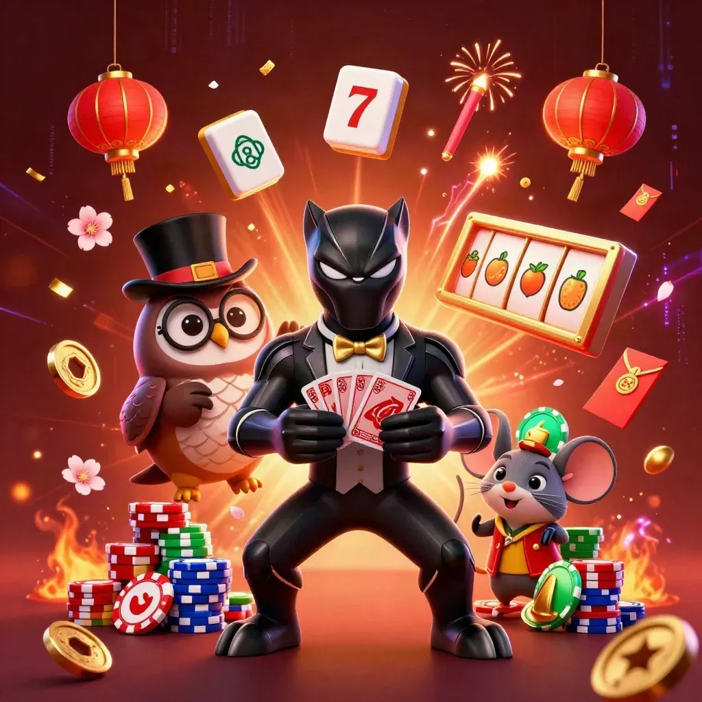 Tuxedo panther, top-hat owl, and red-vest mouse amid casino talismans and glowing coins.