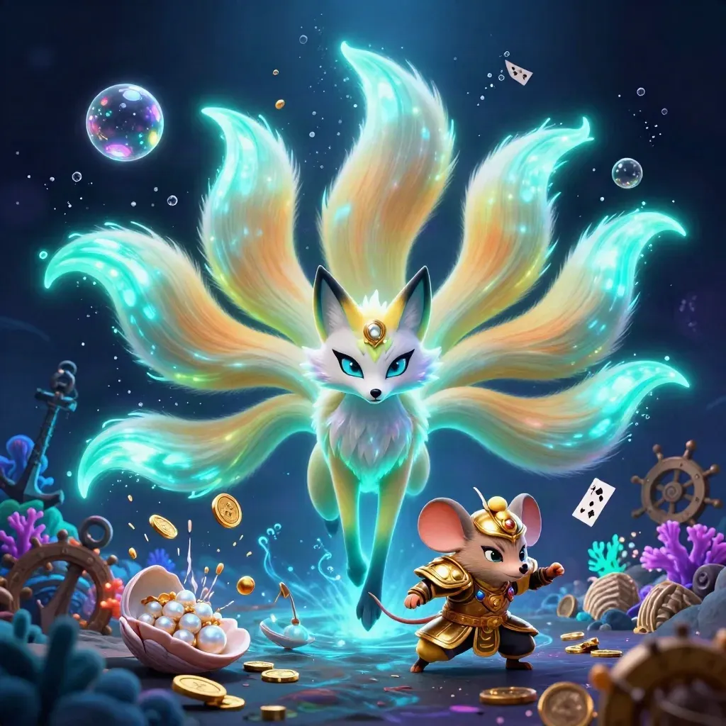 Nine-tailed fox spirit and samurai mouse in a glowing underwater treasure cove.