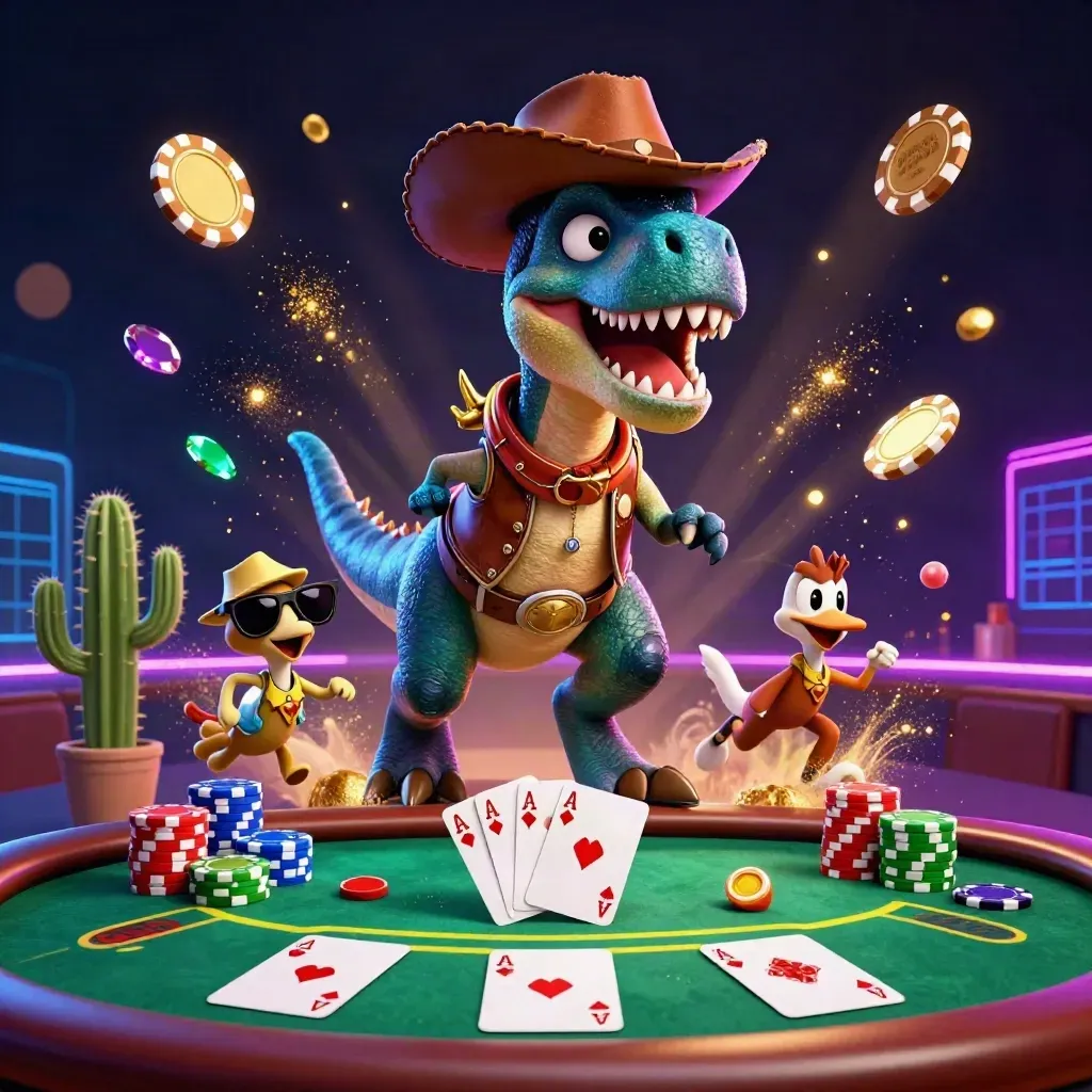 Cowboy T-Rex, cactus sidekick, and roadrunner burst through neon casino chips on a dark grid