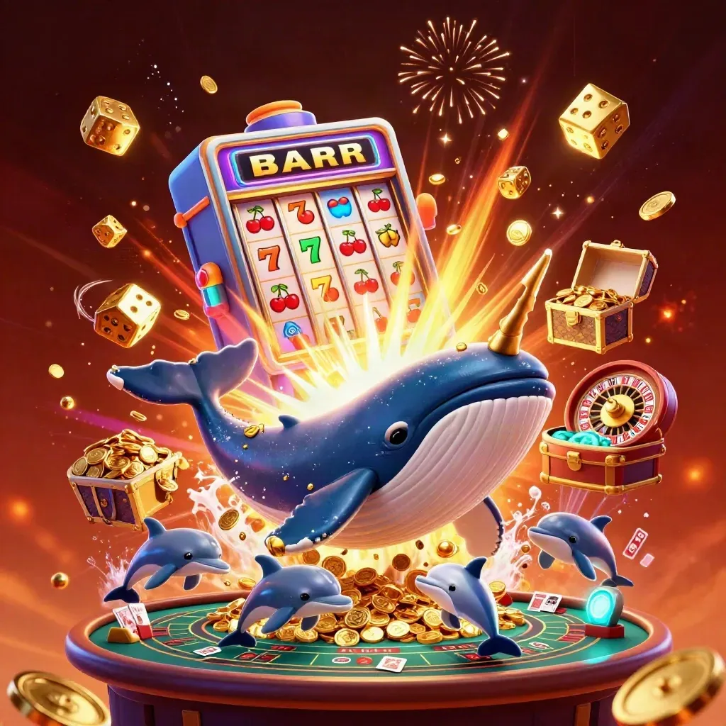 Whale captain, narwhal and dolphins burst through coins with slots, dice, roulette and fiery casino glow.