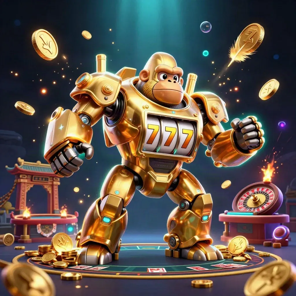 Golden gorilla mech with monkey pilot amid coins, fireworks, roulette wheel and temple gate