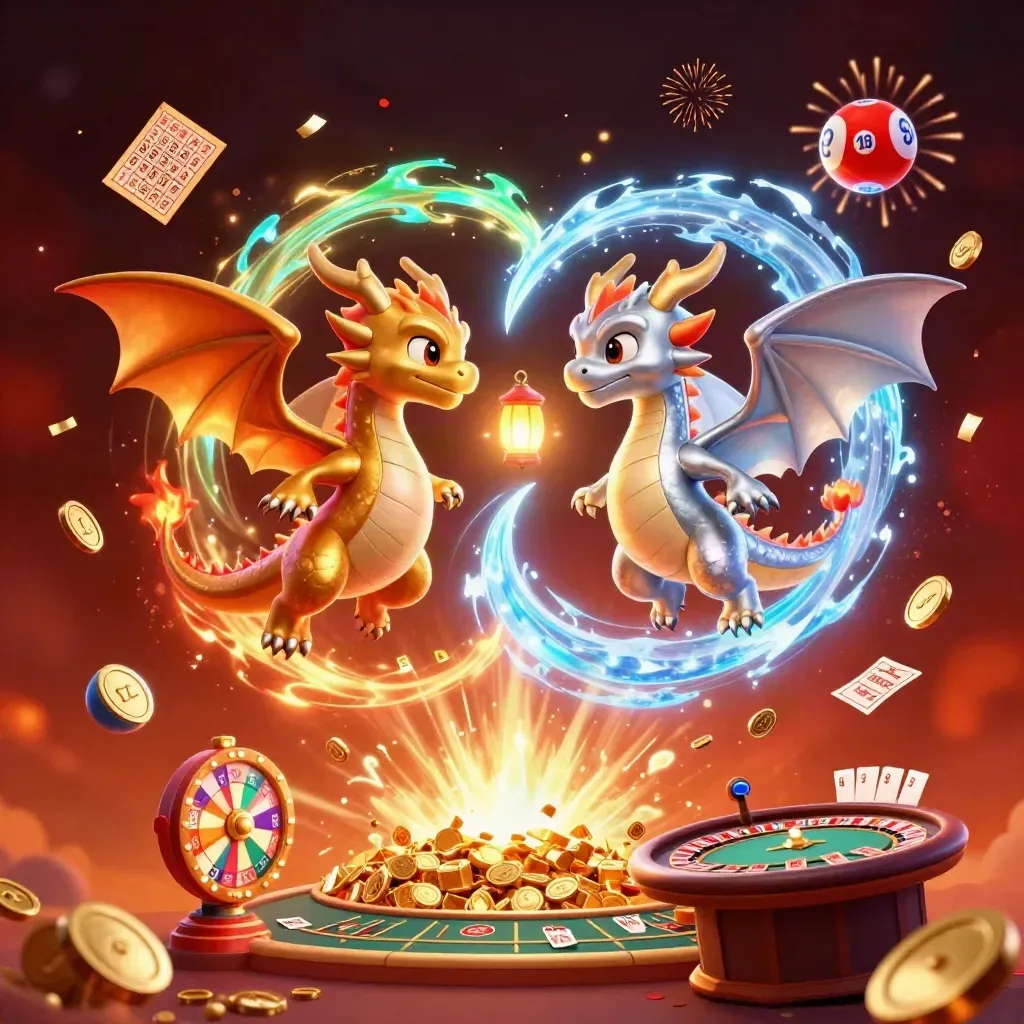 Gold and silver dragons spiral with casino props, coins, fireworks, and glowing energy.
