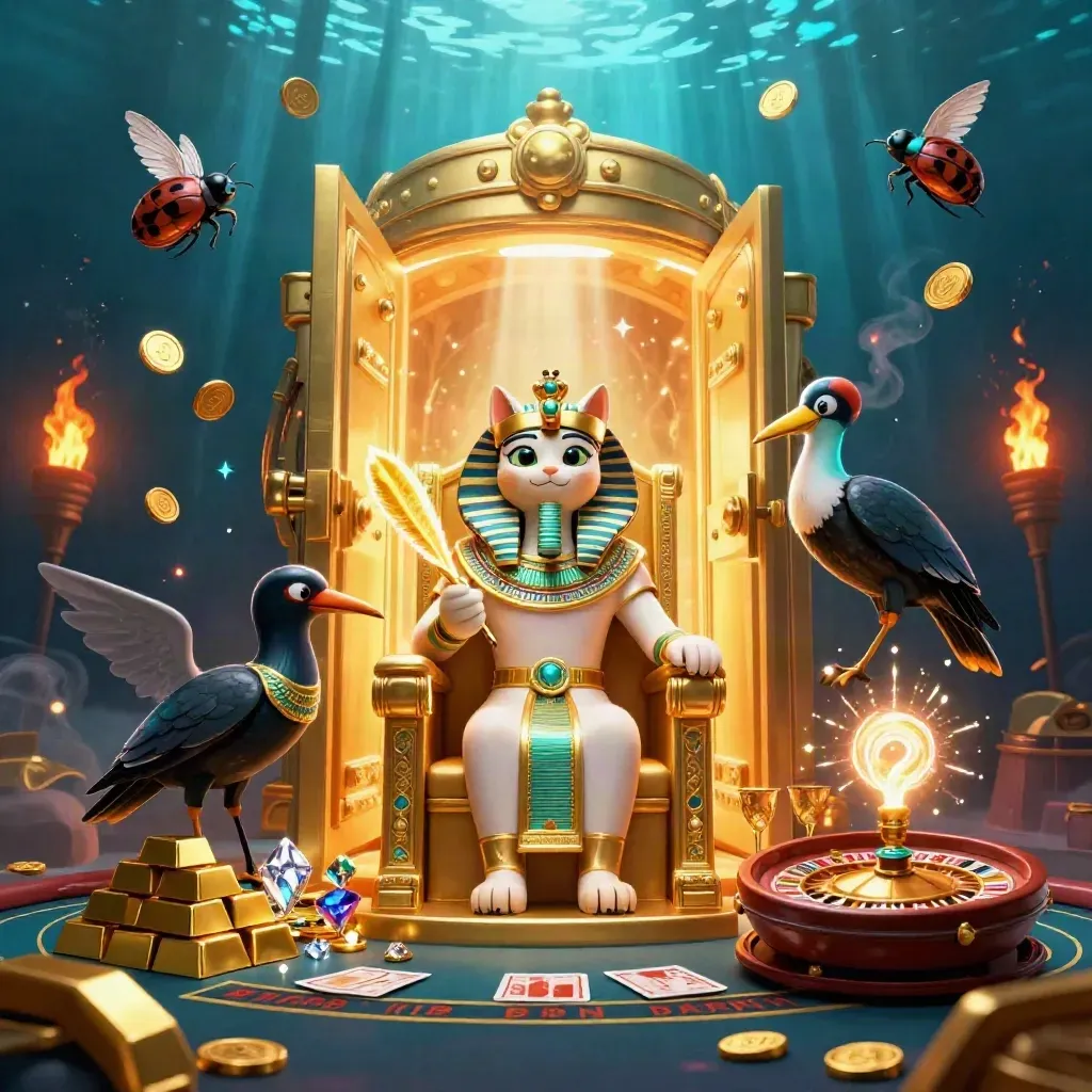 Pharaoh cat, ibis scribe, and gem-wing scarabs amid bursting vault gold and casino lights
