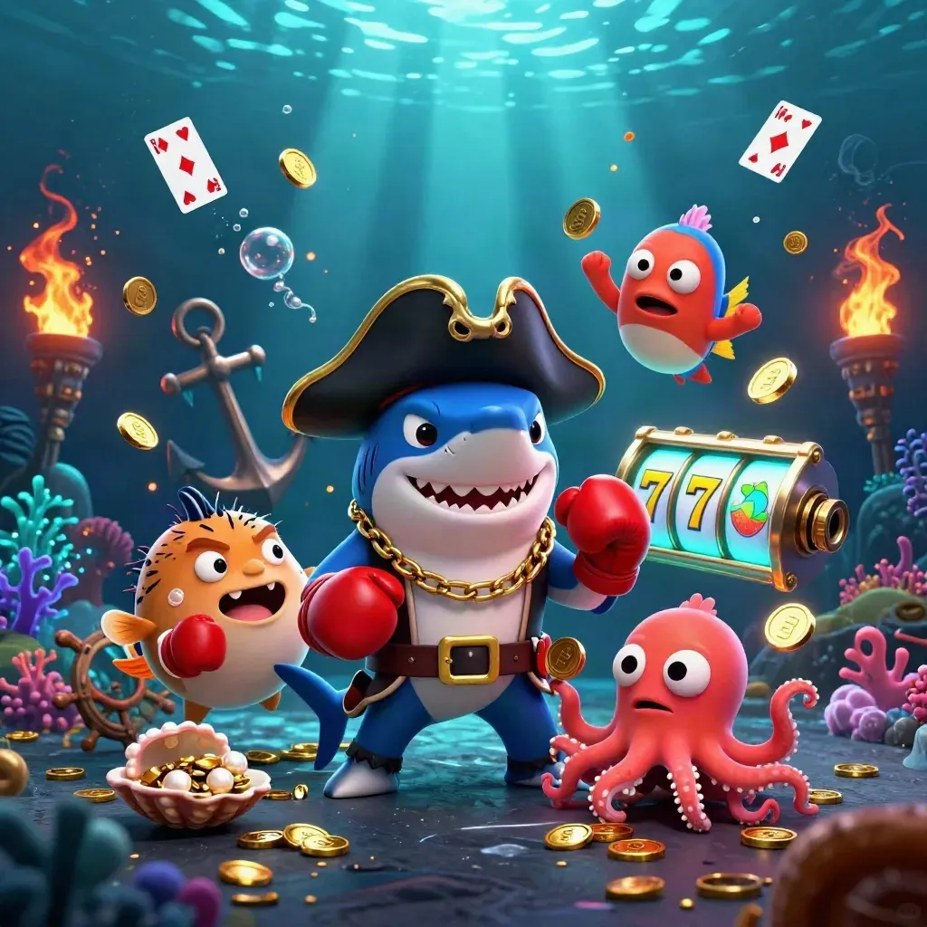 Pirate shark, boxing pufferfish and coin-juggling octopus in a glowing underwater casino cove.