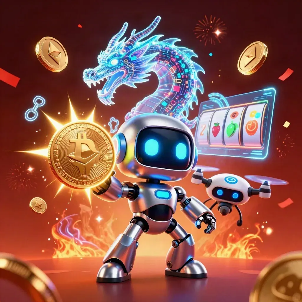 Cyberpunk robot, holographic dragon and coin drone amid casino coins and neon effects.