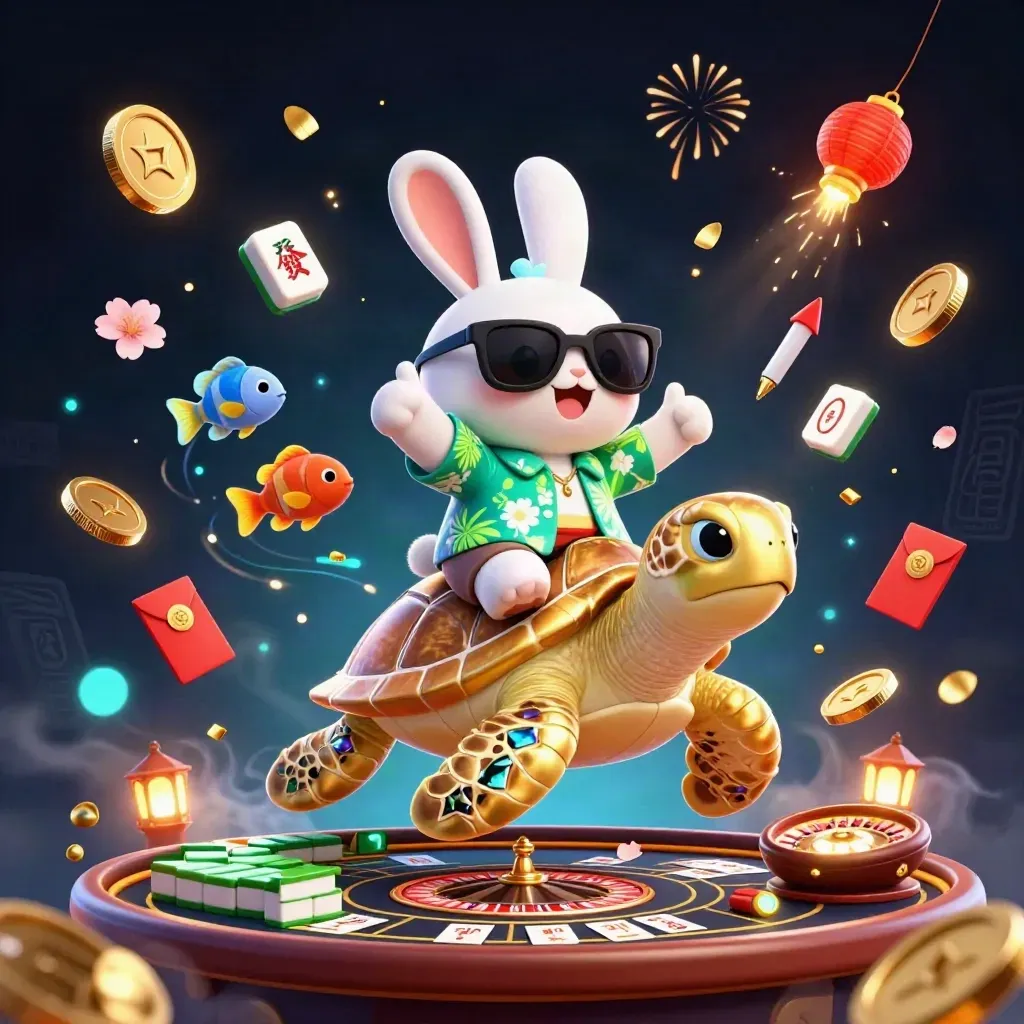 Lucky rabbit rides golden turtle amid coins, fireworks, lanterns and casino treasures.