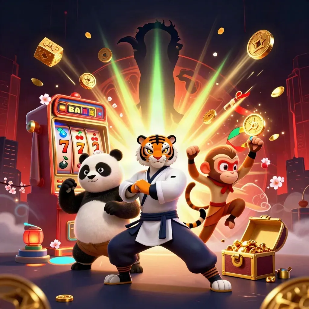 Kung-fu tiger, panda, and monkey burst from a golden slot machine amid coins and neon casino effects