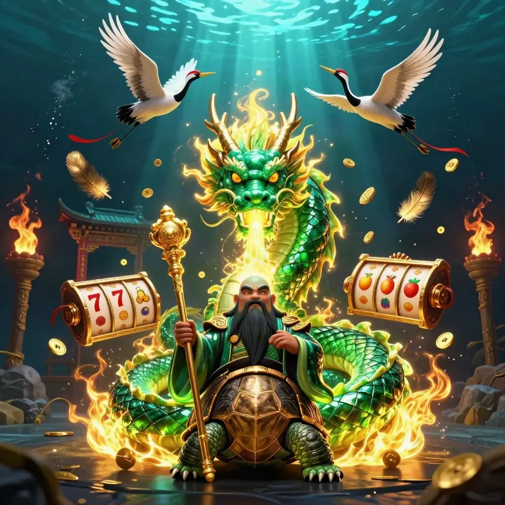 Emerald jade dragon with turtle sage and cranes amid casino lights, coins, and temple ruins