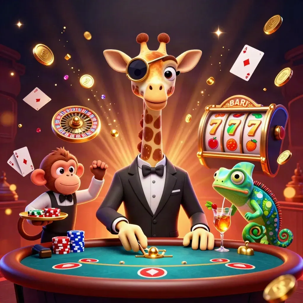 Giraffe, monkey, and chameleon at a casino table amid coins, roulette, chips, and glowing embers.