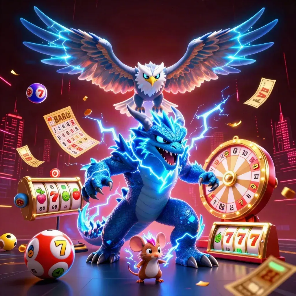 Thunder dragon, wind hawk and crackling mouse amid casino reels, balls and lightning