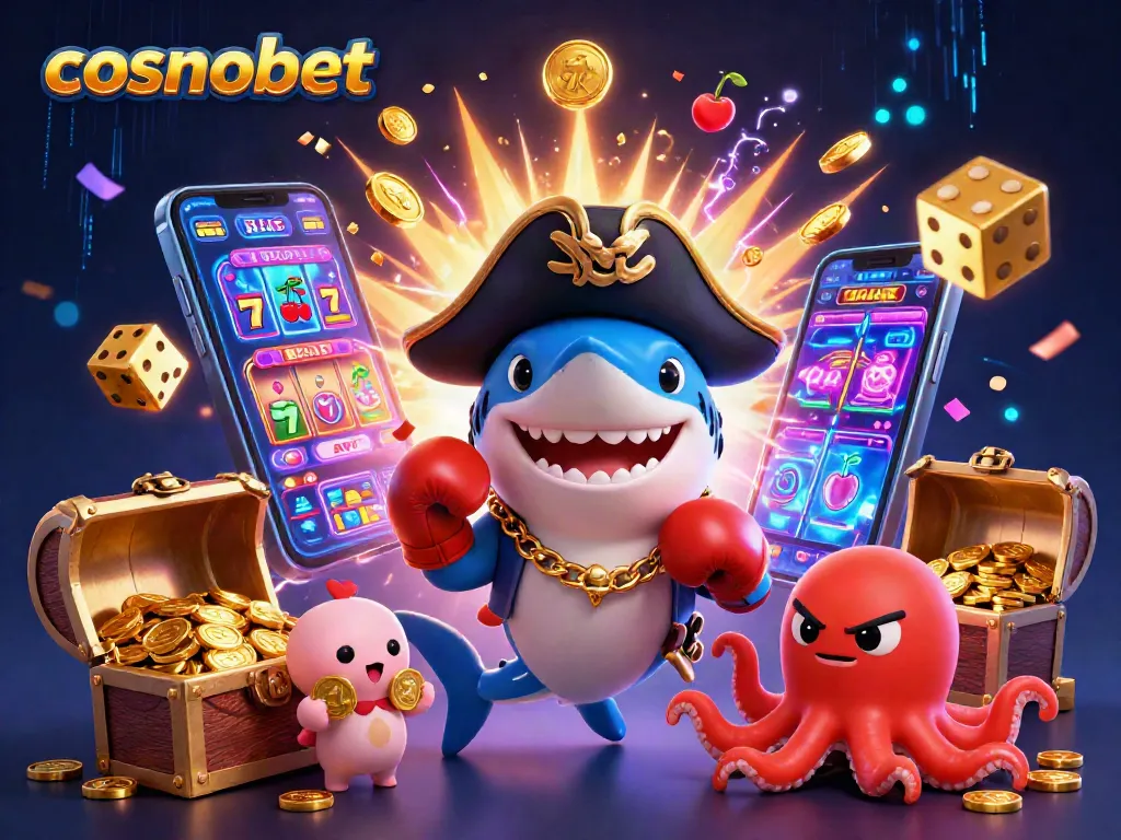 Spin to win at Cosmobet with cartoon pirate characters and vibrant casino elements in a rich 3D scene.