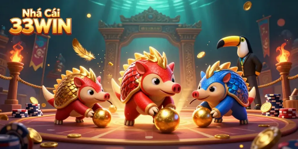 Experience the excitement of Nhà Cái 33WIN with vibrant pangolins and poker chips in action.
