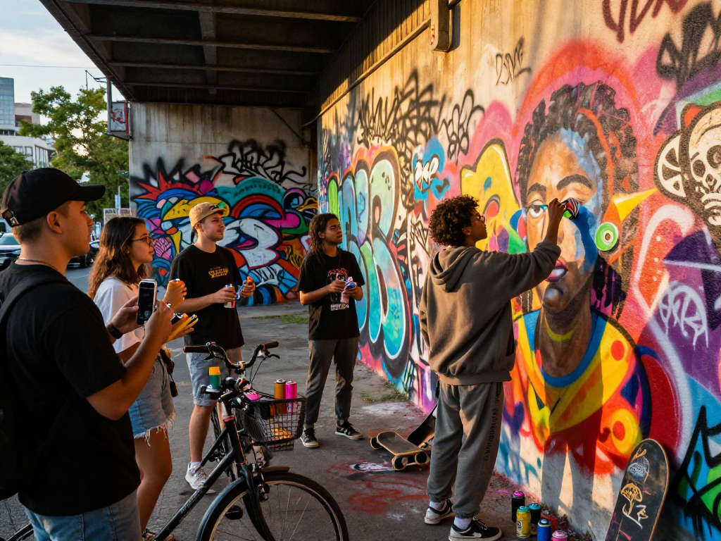A diverse group of friends creating urban art, showcasing the lively spirit of ai slut culture in a vibrant city setting.