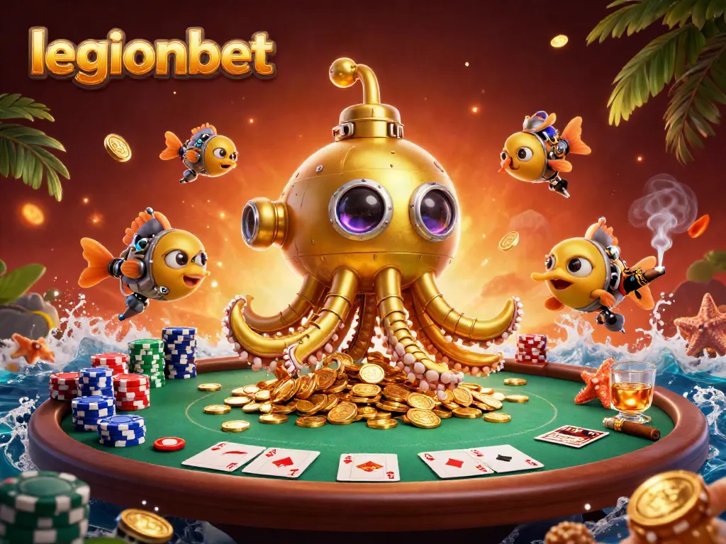 Engage with legionbet through this vibrant 3D casino scene featuring a golden kraken amidst poker excitement.