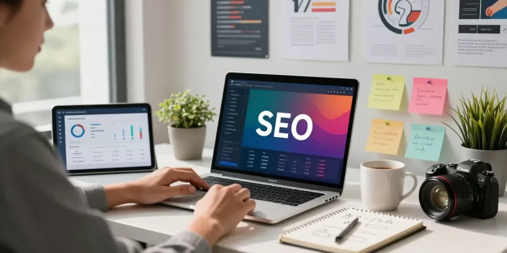 Dynamic scene of digital marketing professional demonstrating instant indexing strategies in a bright workspace.