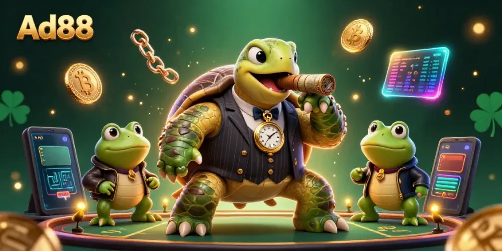 Experience thrilling entertainment at Ad88 with a dynamic casino scene featuring unique characters and vibrant game elements.