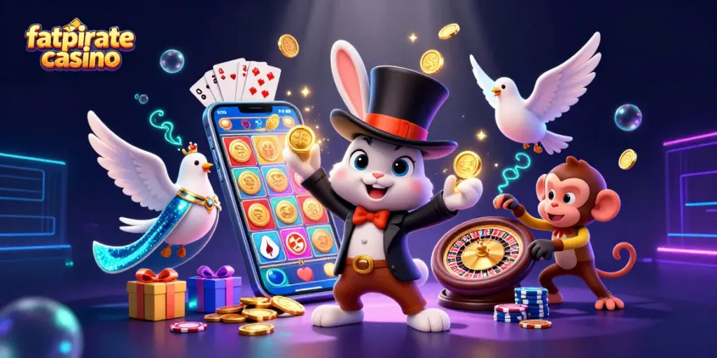 Experience the excitement of fatpirate casino with a thrilling scene of coins and cards.
