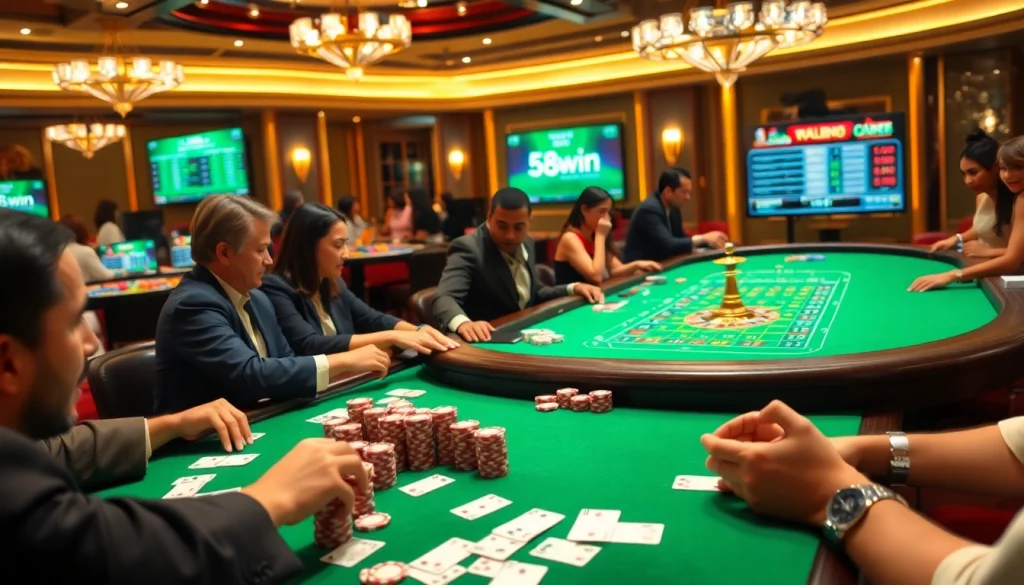 Players enjoying a thrilling casino experience with 58win, showcasing poker chips and vibrant gaming tables.