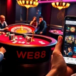 WE88 branded poker table with colorful chips and engaged players in a luxury casino scene.