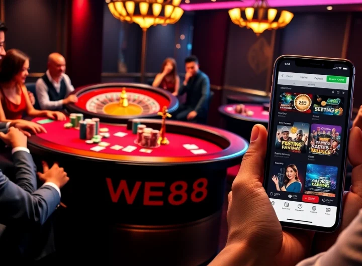 WE88 branded poker table with colorful chips and engaged players in a luxury casino scene.
