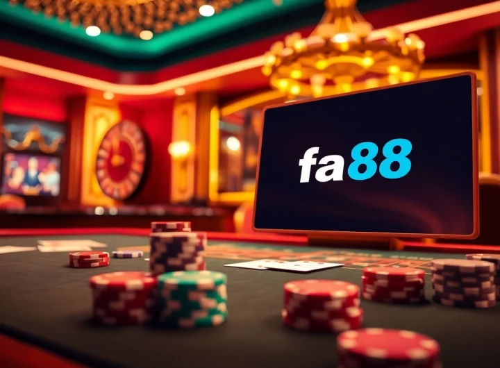 Experience excitement at the trang chủ fa88, featuring luxurious casino gaming with poker chips and roulette.