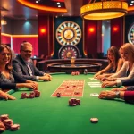 Players enjoying a game of poker at 789F casino table amidst a luxurious casino setting.