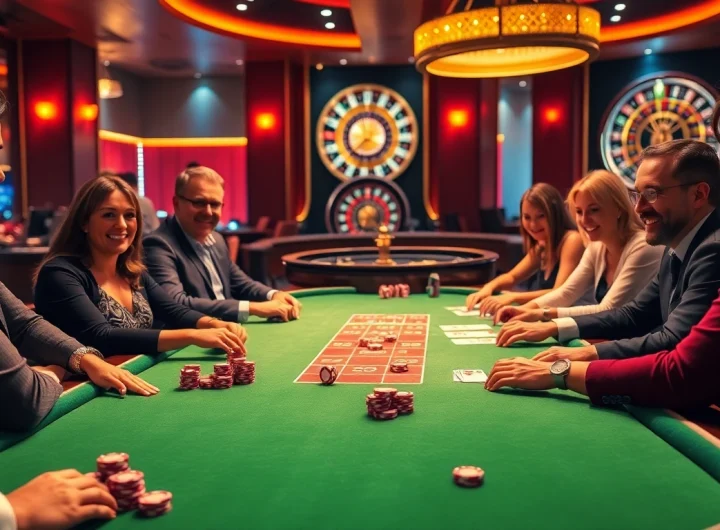 Players enjoying a game of poker at 789F casino table amidst a luxurious casino setting.