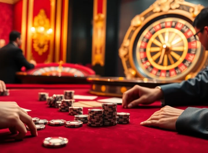 Engage with NK88 vip poker gameplay featuring polished chips and vibrant cards in an elegant casino.