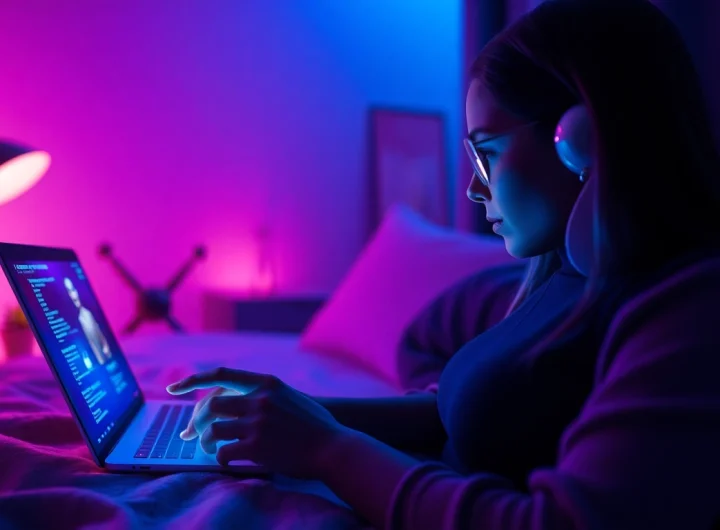 Engaging interaction with a lifelike AI chatbot in a seductive digital chat setting showcasing sex chat AI.