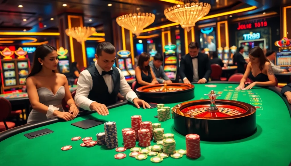 Experience high-stakes gaming at tr88 with vibrant poker chips and an elegant casino environment.