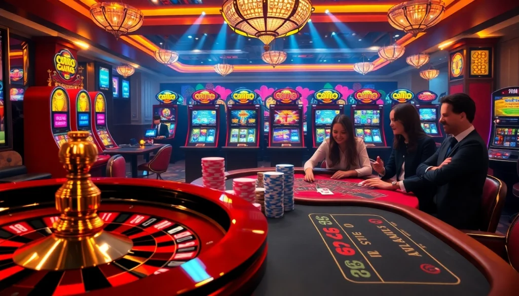 Excited players enjoying various games while discovering link bet88 at a luxurious casino.