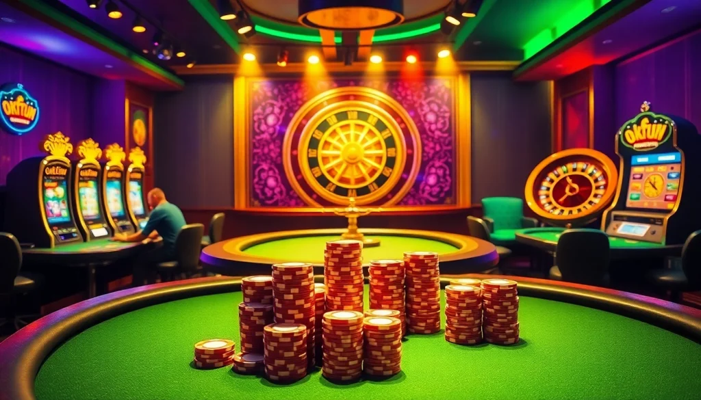 Experience the excitement of gambling at okfun with players at a high-stakes poker table.