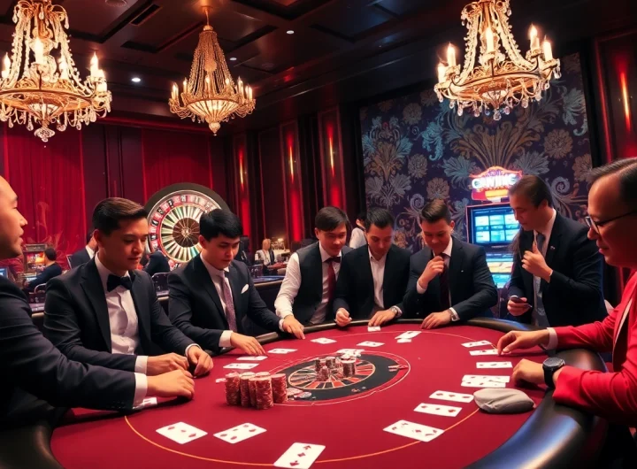 Experience thrilling gameplay at https://du88i.com/, featuring a luxurious casino scene with poker tables and vibrant slot machines.