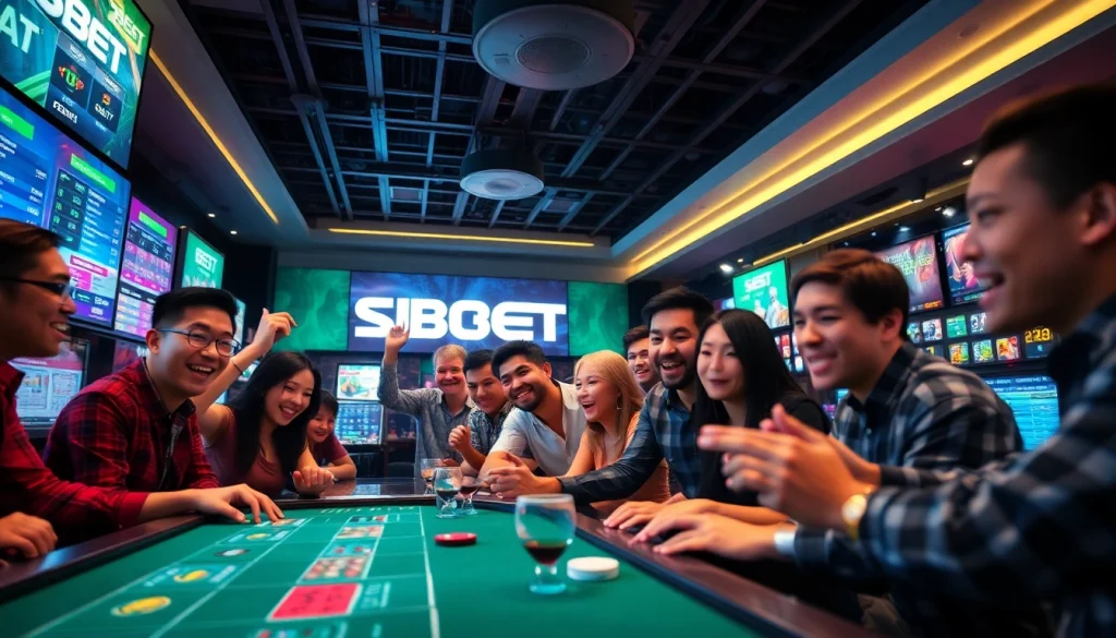 Players enjoying SBOBET.dance's exciting sports betting and casino options in a vibrant online gaming environment.