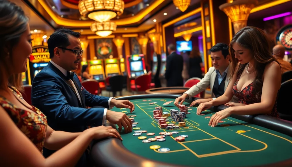 Nohu90 players enjoying a vibrant casino game with chips and cards, showcasing the excitement of online gambling.