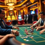 Nohu90 players enjoying a vibrant casino game with chips and cards, showcasing the excitement of online gambling.