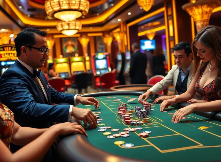 Nohu90 players enjoying a vibrant casino game with chips and cards, showcasing the excitement of online gambling.