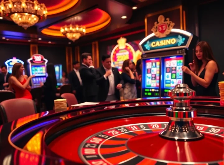 Experience the excitement of nhà cái XX88 at a luxurious casino setup featuring roulette and slot machines.