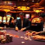 An energetic poker scene highlights go8 asia with players at the table amidst colorful poker chips and slot machines.