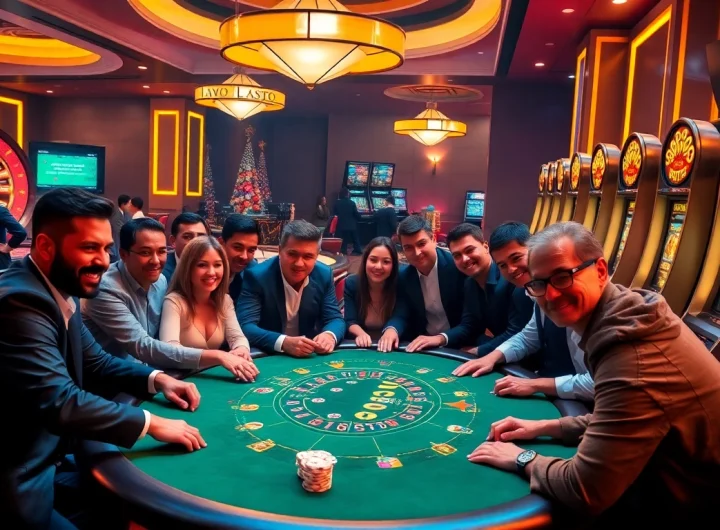 Excited players engaging at SODO CASINO poker table, showcasing a thrilling atmosphere of gambling.