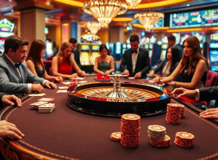 Experience HAYBET's thrilling casino gaming scene with vibrant tables, poker chips, and spinning roulette wheels.