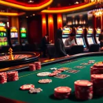 Exciting scene of km1888b casino with poker table, chips, and roulette wheel.