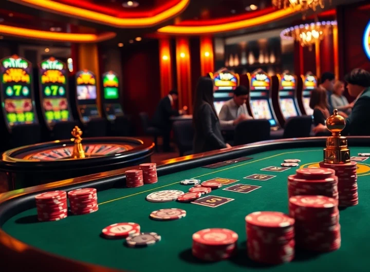 Exciting scene of km1888b casino with poker table, chips, and roulette wheel.