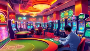 Engaged players enjoying online gaming at ev88win.live, surrounded by vibrant casino elements.