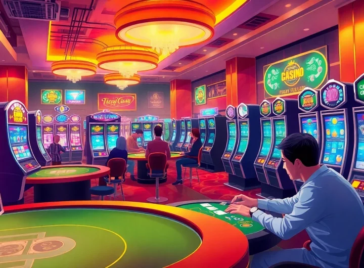 Engaged players enjoying online gaming at ev88win.live, surrounded by vibrant casino elements.