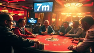 Players strategizing at a poker table in a luxurious casino, highlighting 7m bets.
