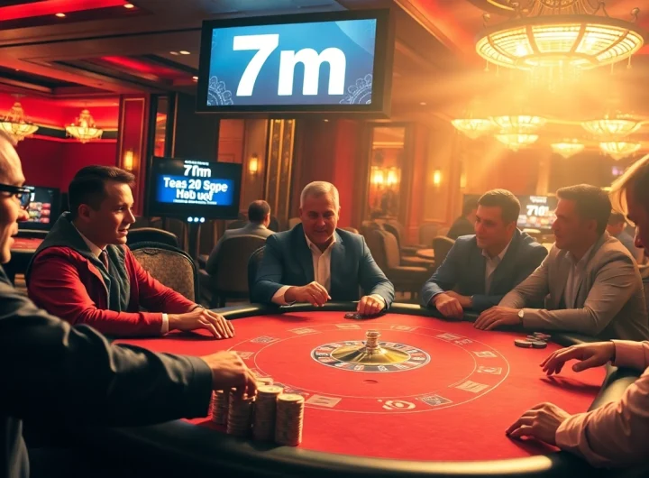 Players strategizing at a poker table in a luxurious casino, highlighting 7m bets.
