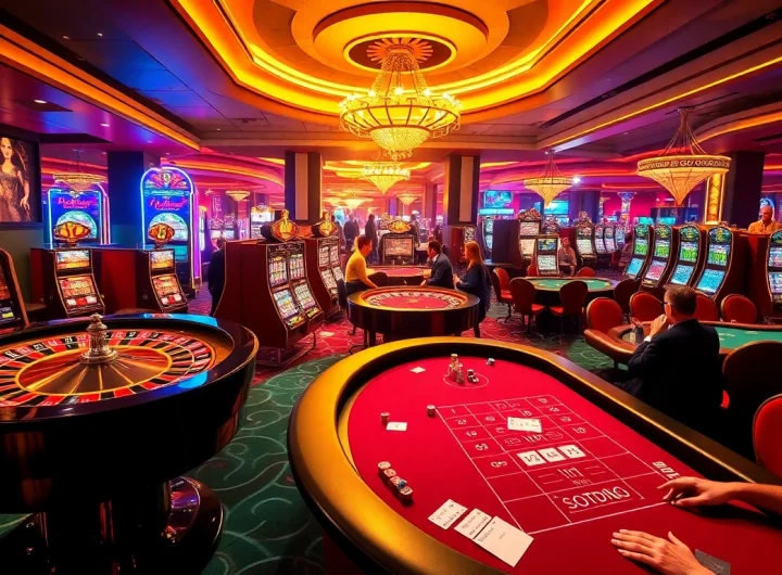 SODO66 casino scene featuring vibrant slot machines, roulette wheels, and excited gamblers.