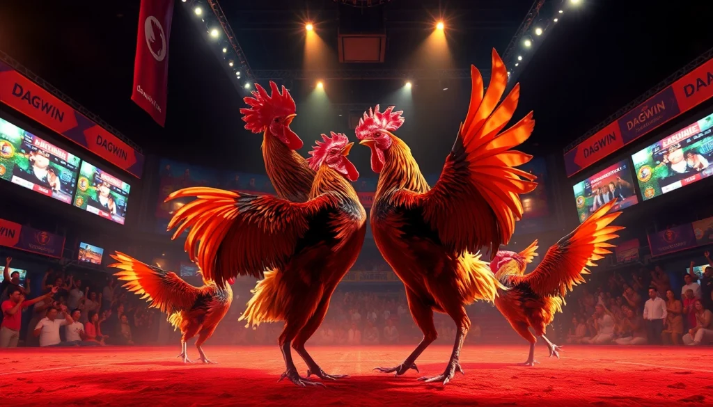 Live cockfighting action at dagawin.live showcasing excitement, betting atmosphere, and vibrant roosters.