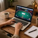 Login Lu88 to a dynamic online poker game setup with strategic notes and warm ambiance.